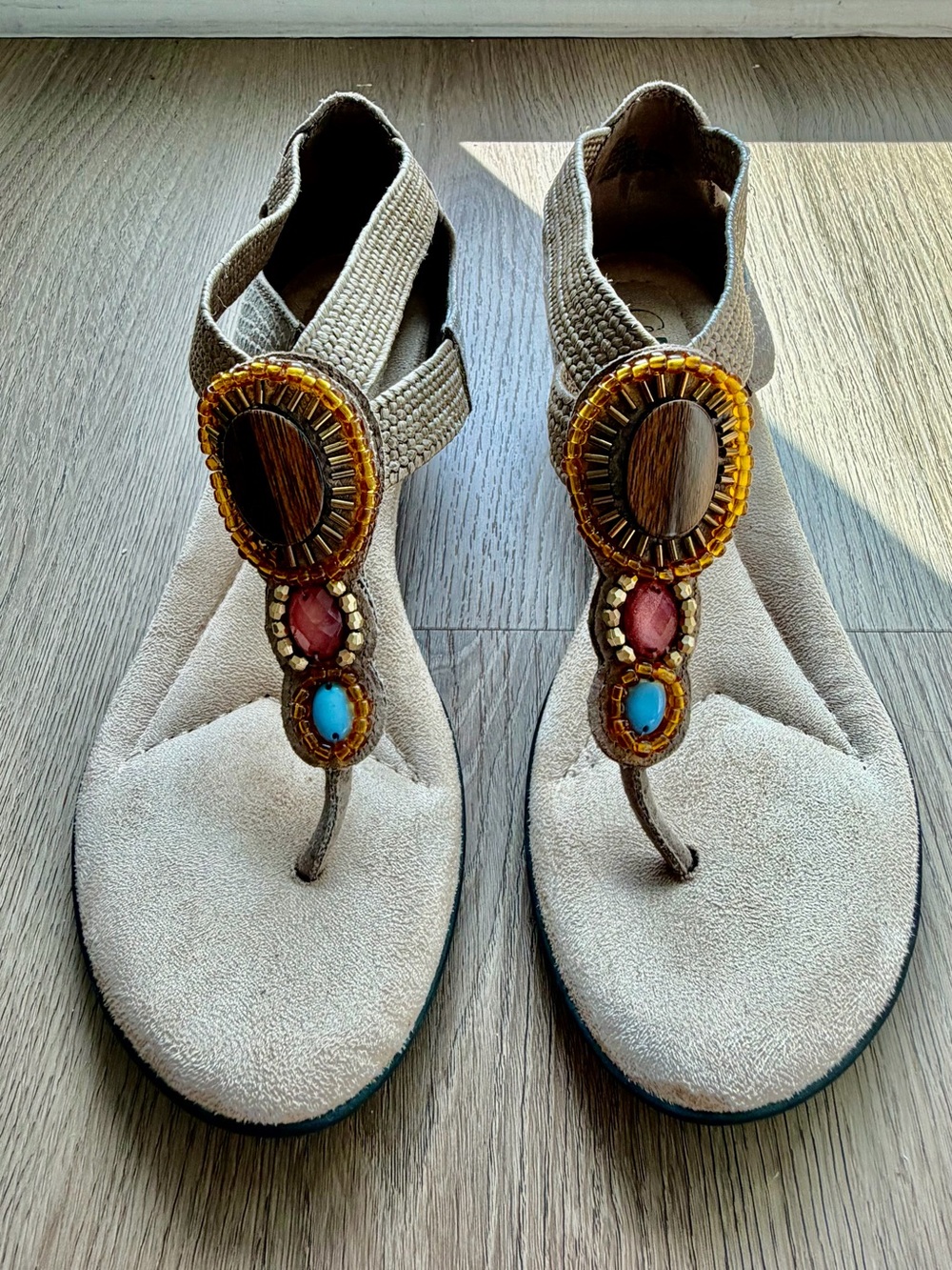 Beaded T-Strap Sandals in Beige with Decorative Beads Embellishments